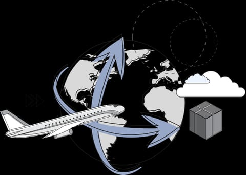 Illustration eines Flugzeugs mit Globus und Frachtsymbolen